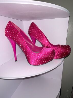 Charlotte Russe Fuchsia Crystal-Embellished Satin Stilettos